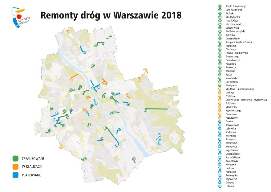 Remonty dróg w Warszawie 2018