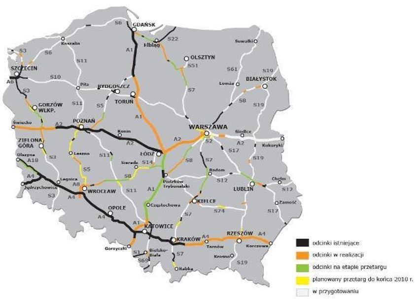 Mapa przedstawia stan realizacji sieci dróg ekspresowych i autostrad w ramach Programu Budowy Dróg Krajowych na lata 2008-2012 
