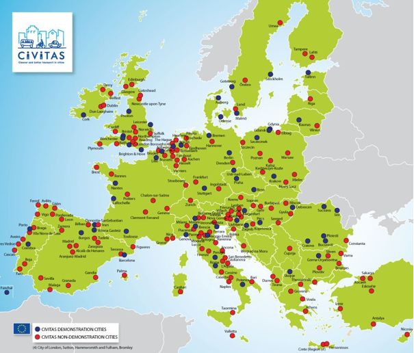 Mapa miast zaangażowanych w inicjatywę CIVITAS