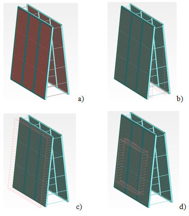 Rys. 2. Widok modelu numerycznego ekranu dla obciążeń: ciężar własny konstrukcji (a), ciężar gruntu wypełniającego ekran (b), wiatr (c) i odśnieżanie (d) [8]